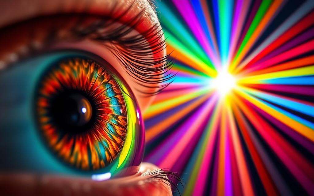 A vibrant, scientifically accurate visual exploration of color perception. In the foreground, a detailed cross-section of the human eye, highlighting the intricate structures responsible for color vision. The middle ground showcases a spectrum of vivid hues, each one a product of the interplay between light, pigments, and neural processing. In the background, a prismatic array of light rays, bending and refracting to create the rich tapestry of colors we perceive. The overall scene is bathed in a soft, natural lighting that enhances the depth and dimensionality of the visual elements. This image aims to illuminate the scientific principles underlying the wonders of human color perception.