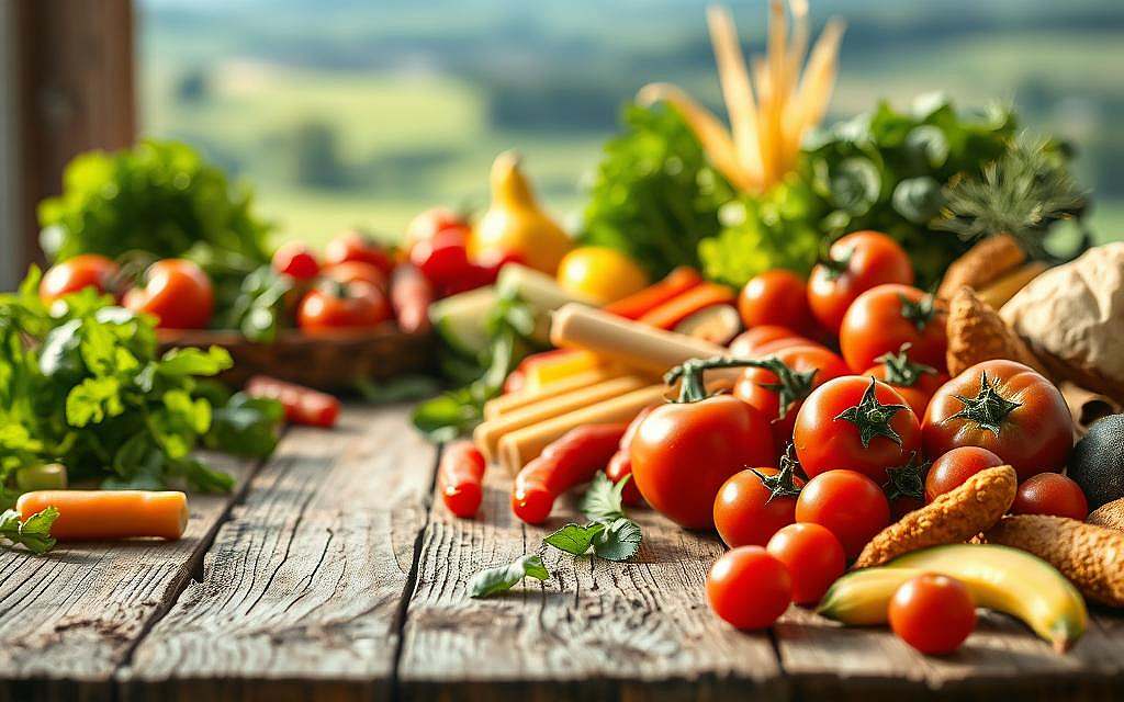A vibrant still life capturing the essence of "Ernährung und Magengesundheit". In the foreground, an array of fresh, colorful produce - crisp greens, ripe tomatoes, and crunchy vegetables. Thoughtfully arranged, they exude a sense of vitality and nourishment. In the middle ground, a rustic wooden table sets the scene, its weathered surface hinting at the importance of simple, wholesome ingredients. Soft, natural lighting filters in, casting a warm glow and creating a soothing, tranquil atmosphere. In the background, a blurred landscape suggests the connection between the earth, the food we consume, and our overall well-being. The overall composition conveys a harmonious balance, inviting the viewer to consider the profound impact of mindful, gut-friendly nutrition.