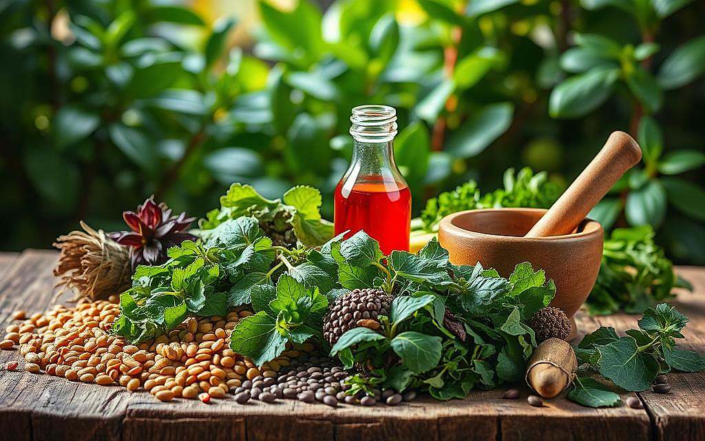 A vibrant still life composition showcasing a variety of natural remedies for iron deficiency. In the foreground, an assortment of fresh leafy greens, lentils, and seeds are artfully arranged on a rustic wooden surface, illuminated by soft, natural lighting. In the middle ground, a glass bottle filled with a reddish-brown liquid, possibly a tincture or supplement, stands alongside a mortar and pestle. In the background, a lush, verdant foliage backdrop creates a sense of harmony and balance. The overall mood is one of wellness, vitality, and the power of nature to provide holistic solutions for common health concerns.