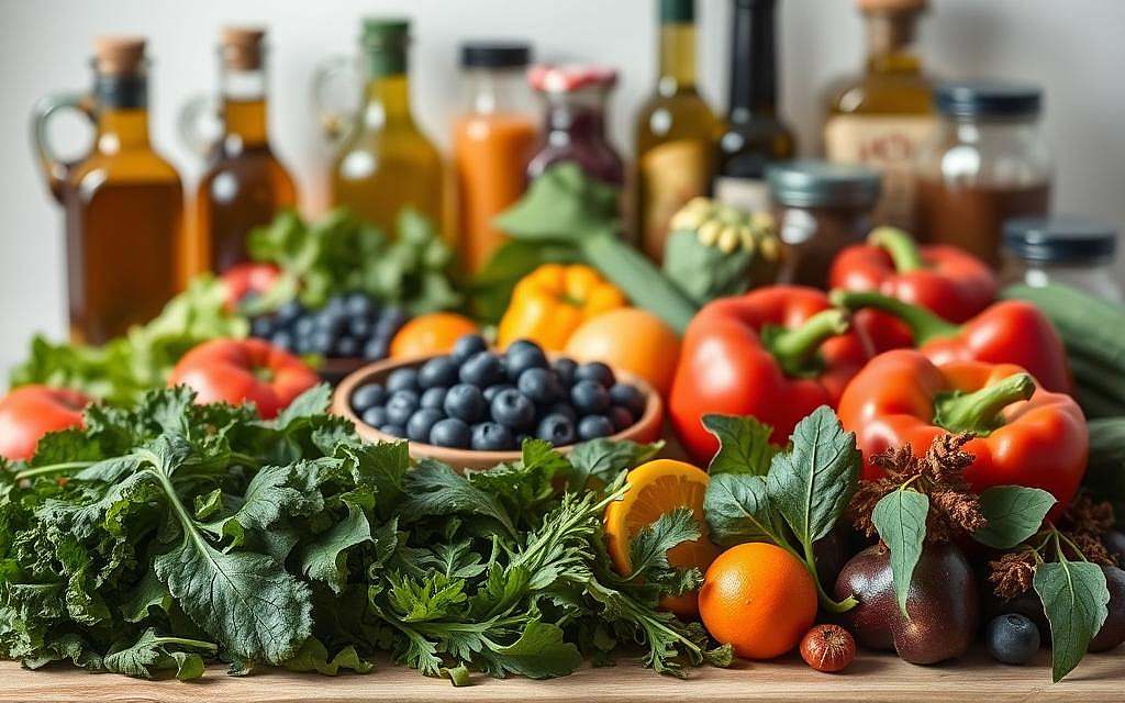 A vibrant still life displaying an assortment of anti-inflammatory foods. In the foreground, a variety of fresh greens, including kale, spinach, and arugula, arranged neatly. In the middle ground, a selection of brightly colored fruits and vegetables, such as blueberries, oranges, and bell peppers, nestled together. In the background, jars of healthy oils, spices, and herbs, suggesting the preparation of a nourishing, anti-inflammatory meal. The lighting is soft and diffused, creating a warm, inviting atmosphere. The composition is balanced and visually appealing, highlighting the nutritional value and vibrant colors of the ingredients. The overall impression conveys a sense of wellness, vitality, and the power of food to support the body's natural anti-inflammatory processes.