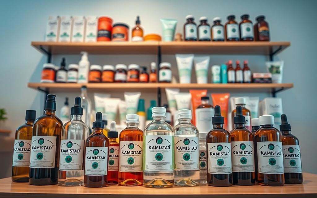 A vibrant, well-stocked shelving display showcasing an assortment of Kamistad products. The foreground features an array of glass bottles and jars in various shapes and sizes, their labels prominently displaying the Kamistad branding. The middle ground includes additional packaging, such as tubes and boxes, artfully arranged to create visual interest. The background subtly suggests a clean, modern healthcare or apothecary setting, with a neutral color palette and soft, directional lighting that casts a warm, inviting glow over the scene. The overall composition conveys a sense of quality, professionalism, and the natural, holistic approach associated with Kamistad's alternative dental care products.