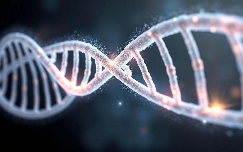 A visually striking, high-resolution digital illustration depicting the "First Strand DNA Activation". The image shows a detailed, close-up view of a single DNA strand, glowing with a mesmerizing energy. The strand is surrounded by a hazy, ethereal aura, casting a soft, otherworldly light. The background is dark and mysterious, creating a sense of depth and emphasizing the central focus. The DNA strand appears to be pulsing with a subtle movement, conveying a sense of dynamism and vitality. The composition is balanced and compelling, drawing the viewer's eye to the central motif. The overall aesthetic evokes a sense of the sacred, the spiritual, and the transformative power of the human genome.