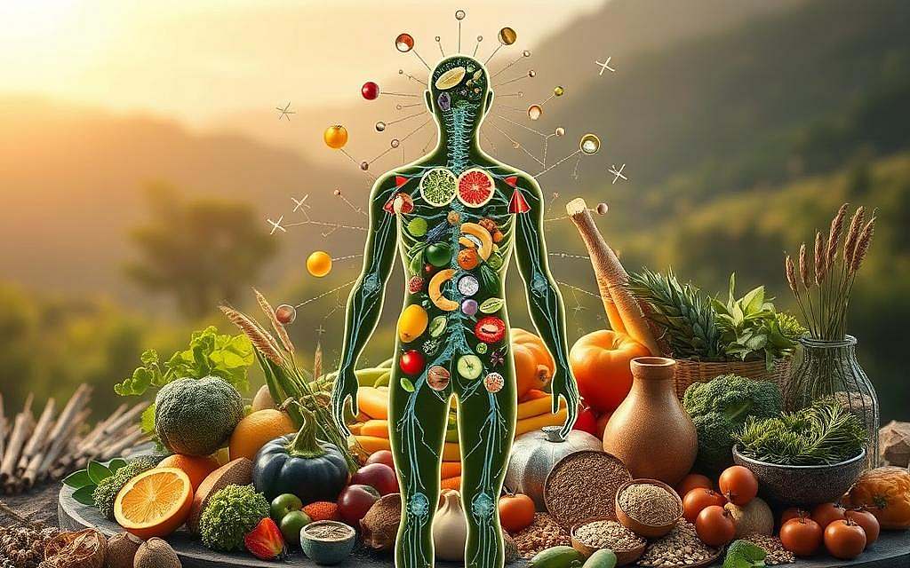 A visually striking image depicting the intricate metabolic regulation facilitated by conscious nutrition. The foreground showcases a stylized human figure, their body composed of various organic elements, nutrients, and metabolic pathways. The middle ground features a bountiful array of whole, natural foods - fruits, vegetables, grains, and herbs - each radiating an aura of vitality. The background is a softly blurred, ethereal landscape, hinting at the profound interconnectedness between the human body, the food we consume, and the natural world. The lighting is warm and diffused, creating a sense of harmony and balance. The overall composition conveys the transformative power of mindful eating, where nourishment becomes a catalyst for holistic health and wellbeing.
