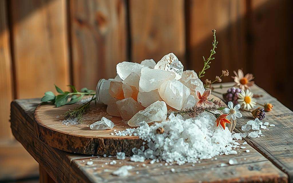A weathered wooden table stands in a warm, natural setting, bathed in soft, diffuse lighting. On the table, a cluster of Schüßler salt crystals in various hues gleam, their shapes and textures meticulously rendered. Surrounding the salts, an assortment of herbs, flowers, and other natural elements associated with skin and wound healing come into focus, creating a harmonious and calming composition. The image conveys a sense of holistic, restorative power, inviting the viewer to consider the healing properties of these mineral salts.