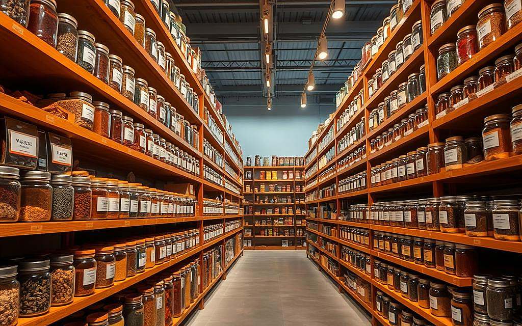 A well-lit and organized spice storage facility, with rows of wooden shelves displaying an array of colorful spice jars and containers. The lighting is warm and inviting, casting a soft glow over the scene. The shelves are neatly labeled, showcasing the variety of spices available, such as cinnamon sticks, whole cloves, peppercorns, and aromatic herbs. The floor is clean and the overall atmosphere conveys a sense of quality, care, and attention to detail in the storage and preservation of these flavorful ingredients. The image should capture the essence of a professional, high-quality spice storage facility that prioritizes freshness, organization, and the optimal preservation of these important culinary elements.