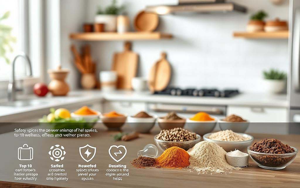 A well-lit, clean and organized kitchen counter, with various whole and ground spices neatly arranged. In the foreground, a set of safety icons and symbols clearly illustrates the proper handling, storage and dosage guidelines for the spices. The middle ground features a curated selection of the top 10 wellness-enhancing spices, their shapes and colors vivid and enticing. The background depicts a soft, natural-toned environment, hinting at the therapeutic benefits of these flavorful ingredients. The overall composition conveys a sense of authority, professionalism and practical guidance for the safe and effective use of these powerful culinary and medicinal herbs.