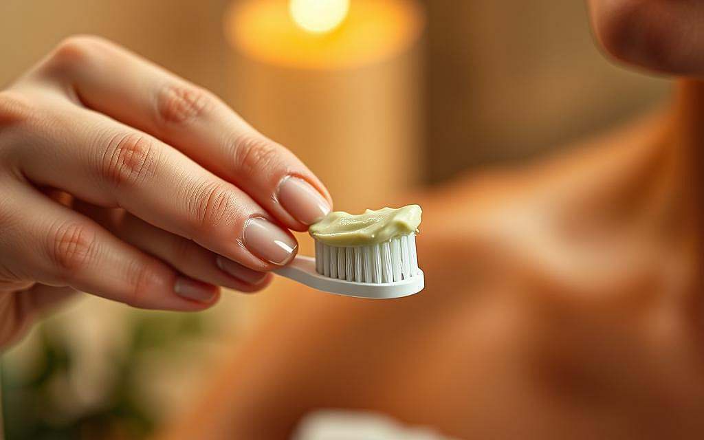 A well-lit, close-up shot of a person's hand gently applying a small amount of a natural, herbal-based toothpaste onto a soft-bristled toothbrush. The toothpaste has a creamy, light-green hue and a subtle, soothing aroma. The background is blurred, highlighting the focused, intentional application of the product. The lighting is warm and diffused, creating a calming, spa-like atmosphere. The composition emphasizes the simplicity and effectiveness of the Kamistad dental care product, conveying a sense of natural, holistic healing and well-being.
