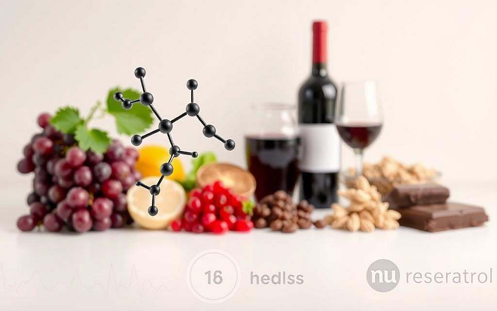 A well-lit, detailed illustration of resveratrol, a potent antioxidant compound, in the context of nutritional medicine. Set against a clean, minimalist background, the foreground depicts a molecular structure of resveratrol, rendered with scientific accuracy and precision. The middle ground showcases an array of wholesome, natural ingredients such as grapes, red wine, and dark chocolate, highlighting resveratrol's dietary sources. The background subtly suggests the application of resveratrol in preventive and therapeutic nutrition, with soft, muted colors and a sense of balanced harmony. The overall composition conveys the scientific importance and holistic integration of this remarkable compound within the field of nutritional medicine.