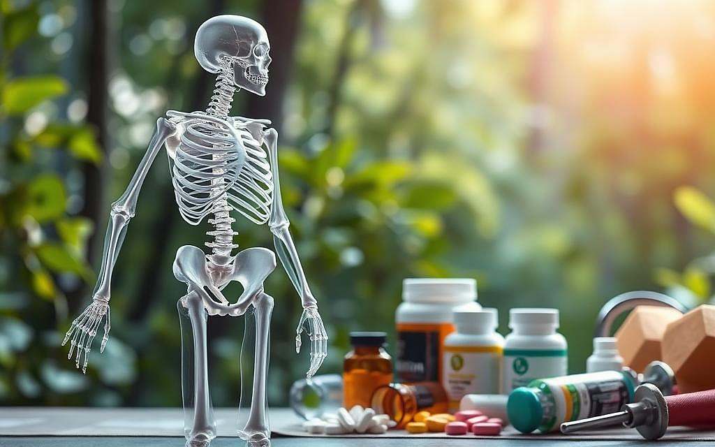 A well-lit, detailed scene depicting the skeletal system and its essential functions for bone and joint health. In the foreground, a translucent human skeleton stands in a neutral pose, its intricate bone structure and connective tissues clearly visible. In the middle ground, various supplements and wellness items associated with bone health, such as calcium tablets, vitamin D, and exercise equipment, are arranged neatly. The background showcases a serene, nature-inspired environment with lush greenery, perhaps a forest or garden, to convey a sense of balance and holistic wellbeing. The overall mood is one of informative clarity, emphasizing the importance of preventative care and proactive measures for maintaining a healthy skeletal system.