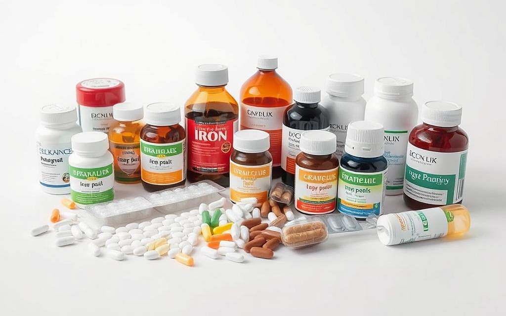 A well-lit, high-resolution studio photograph of an assortment of iron supplements, including different types of iron tablets, capsules, and liquid formulations. The items are neatly arranged on a clean, white surface, with a soft, diffused lighting highlighting the details and colors of the various products. The composition emphasizes the variety of iron preparations available, conveying a sense of professionalism and expertise in the field of iron deficiency treatment. The image should have a clear, crisp focus and a clean, minimalist aesthetic to match the subject matter.