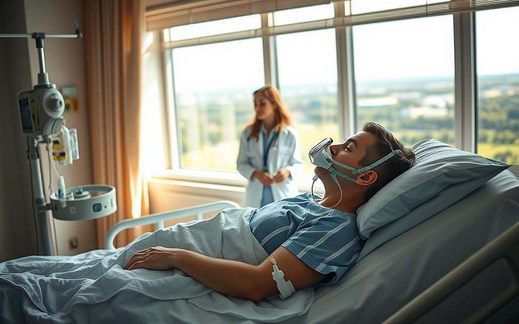 A well-lit hospital room, sunlight streaming through large windows. In the foreground, a patient resting comfortably in a specialized medical bed, an oxygen mask adorning their face. Beside the bed, an intravenous drip stand and various medical equipment, all meticulously arranged. The middle ground features a doctor or nurse, observing the patient's progress with a calm, attentive expression. In the background, a panoramic view of a serene garden or cityscape, providing a sense of tranquility and healing. The overall atmosphere conveys a feeling of care, rejuvenation, and the curative power of oxygen therapy.