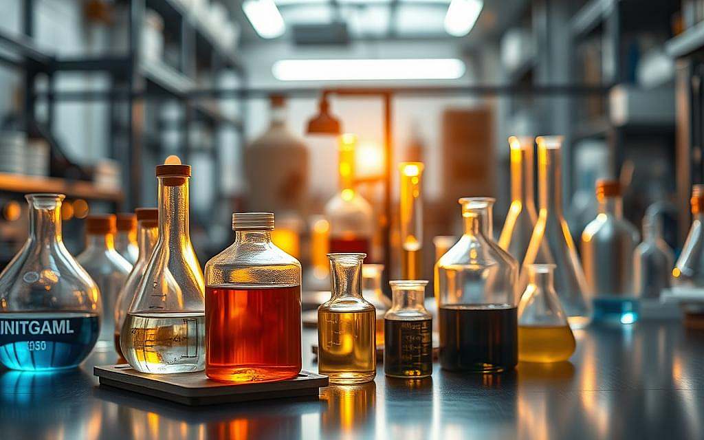 A well-lit industrial laboratory setting, featuring various glass beakers, test tubes, and scientific instruments arranged on a clean, stainless steel workbench. Petroleum samples in clear containers take center stage, illuminated by warm, directional lighting that casts dramatic shadows. The background is blurred, suggesting a focus on the practical application and experimentation of this versatile, natural resource. The overall mood is one of scientific inquiry and discovery, hinting at the hidden potential and secret powers of petroleum.