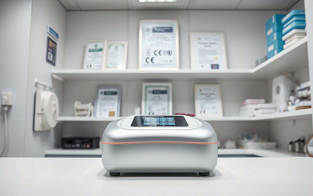 A well-lit medical laboratory setting, with a central focus on a high-quality microelectronic device for microcurrent therapy. The device has a clean, modern design with sleek metallic accents and an intuitive user interface. In the background, shelves display various regulatory and safety certifications, including the prominent CE marking, signifying compliance with European health and safety standards. The overall atmosphere conveys a sense of professionalism, attention to detail, and a commitment to patient safety and well-being.