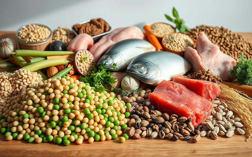 A well-lit still life composition showcasing various natural food sources of glycine. In the foreground, a selection of protein-rich legumes such as soybeans, lentils, and peas, artfully arranged on a wooden surface. In the middle ground, a cluster of fish, poultry, and lean meats, highlighting their role as animal-derived glycine providers. The background features a variety of whole grains, nuts, and seeds, complementing the diverse glycine-rich ingredients. The lighting is soft and natural, casting subtle shadows to accentuate the textures and colors of the foodstuffs. The overall mood is one of health, nutrition, and the bounty of nature's glycine-containing offerings.