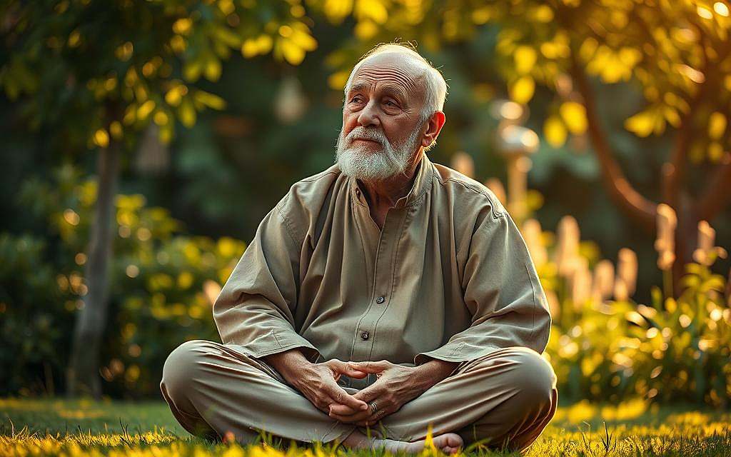 A wise and serene elderly man, Konfuzius Edler, sits cross-legged in a tranquil garden setting. Warm, golden light filters through lush greenery, casting a contemplative aura. His weathered face exudes profound wisdom, as he gazes inwardly, embodying the Confucian ideals of self-cultivation and the pursuit of moral perfection. The scene is captured with a soft, almost ethereal lens, emphasizing the man's meditative state and the harmony of his surroundings. This image powerfully conveys the essence of the Confucian path towards human fulfillment.