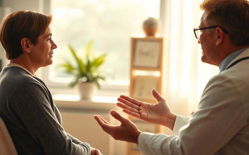 An anxious patient sits in a doctor's office, facing a calm and reassuring physician. The bright, sun-filled room conveys a sense of openness and trust. The doctor gestures emphatically, explaining treatment options with care and compassion. The patient's expression is one of rapt attention, the tension in their shoulders slowly easing. Warm, diffused lighting bathes the scene, creating a serene, almost ethereal atmosphere. Soft, muted colors and a subtle depth of field draw the viewer's eye to the central figures, highlighting the important exchange taking place. This is a scene of &quot;Patientenaufklärung&quot; - a moment of patient education and shared decision-making, where fear is replaced by understanding.