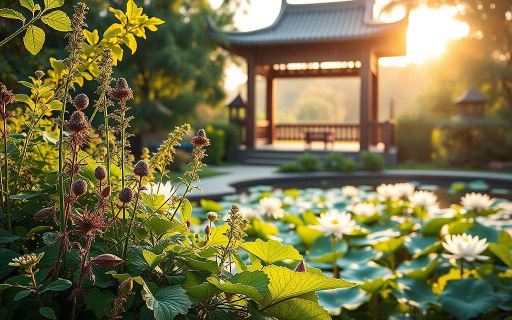 An elegant, serene garden oasis with vibrant medicinal herbs and plants in the foreground. In the middle ground, a peaceful pond with floating lotus flowers. In the background, a traditional wooden pavilion bathed in warm, golden sunlight. Soft, diffused lighting creates a calming, restorative atmosphere. The scene evokes a sense of tranquility and harmony, reflecting the holistic approach of alternative healing methods.