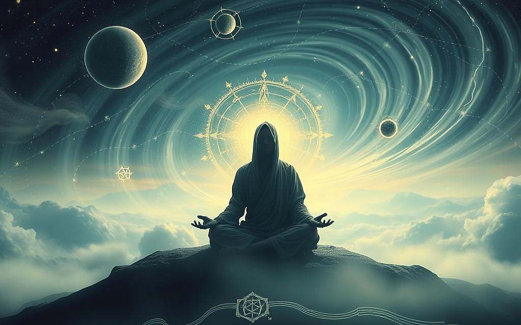 An enigmatic and transcendent scene of spiritual enlightenment. In the foreground, a solitary figure in flowing robes sits cross-legged, their face obscured in meditative contemplation. The background is a swirling, ethereal landscape, with celestial bodies and cosmic energies radiating in a soft, ethereal glow. Shimmering geometric patterns, reminiscent of sacred symbols, dance across the scene, creating a sense of otherworldly connection. The lighting is soft and diffuse, casting a serene, contemplative atmosphere. The overall composition conveys a profound sense of inner peace, transcendence, and the interconnectedness of all things.