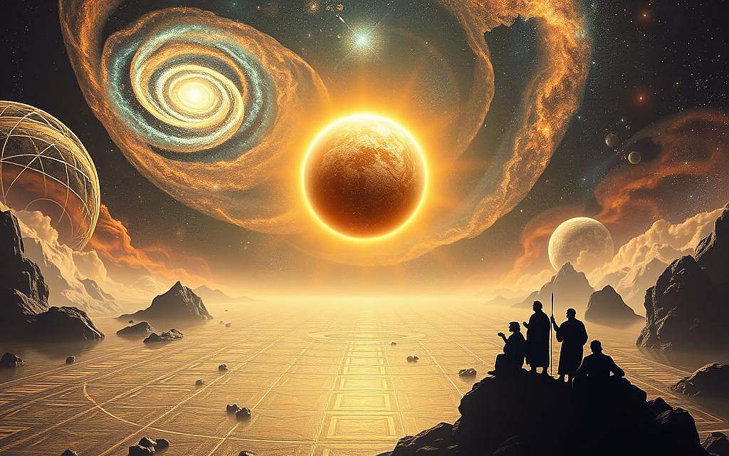 An ethereal cosmic landscape, with the stoic Logos as a central, glowing orb of pure reason. The orb levitates amidst swirling galaxies, nebulae, and celestial bodies, radiating a serene, golden light. In the foreground, intricate geometric patterns and Platonic solids represent the underlying mathematical order of the universe. The middle ground features silhouettes of ancient Greek philosophers, deep in contemplation of the Logos. The background is a vast, infinite expanse of stars and interstellar phenomena, conveying a sense of profound, tranquil wisdom. Soft, muted tones create a meditative, pensive atmosphere. Dramatic, high-contrast lighting casts dramatic shadows, emphasizing the Logos as the central, guiding principle of the cosmos.