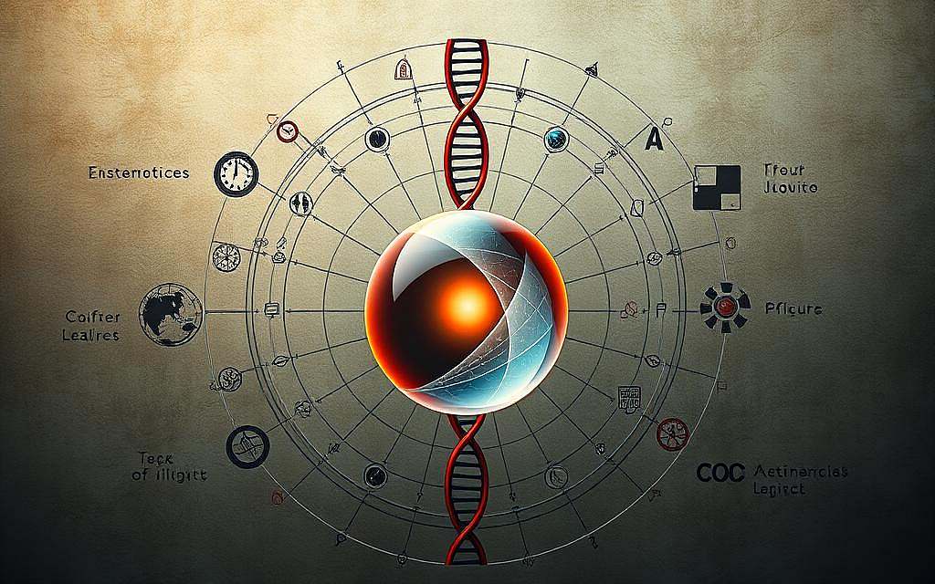 An intricate and visually striking diagram showcasing the interplay between semiotics and information theory. In the foreground, a central sphere represents the core principles of information theory, surrounded by a web of interconnected semiotic symbols and signs. The middle ground features a stylized DNA helix, highlighting the underlying language and numerical structures that link these two fields. The background is a subtly textured, muted palette, creating a sense of depth and contemplation. Vibrant yet balanced colors, a sharp cinematic lighting setup, and a slightly low camera angle combine to convey the profound and insightful nature of this conceptual exploration.