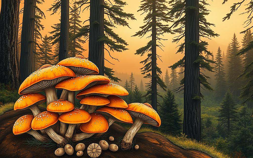 An intricate illustration of "Mykotherapie Heilpilze" set against a warm, earthy backdrop. In the foreground, a cluster of vibrant mushrooms in shades of ochre, umber, and sienna, their caps gently unfurling. The middle ground reveals a lush forest landscape, with towering trees and a soft, diffused light filtering through the canopy. In the background, a hazy, dreamlike horizon, evoking a sense of natural tranquility. The overall composition conveys the therapeutic and restorative properties of these medicinal mushrooms, captured through a lens of natural harmony and balance.