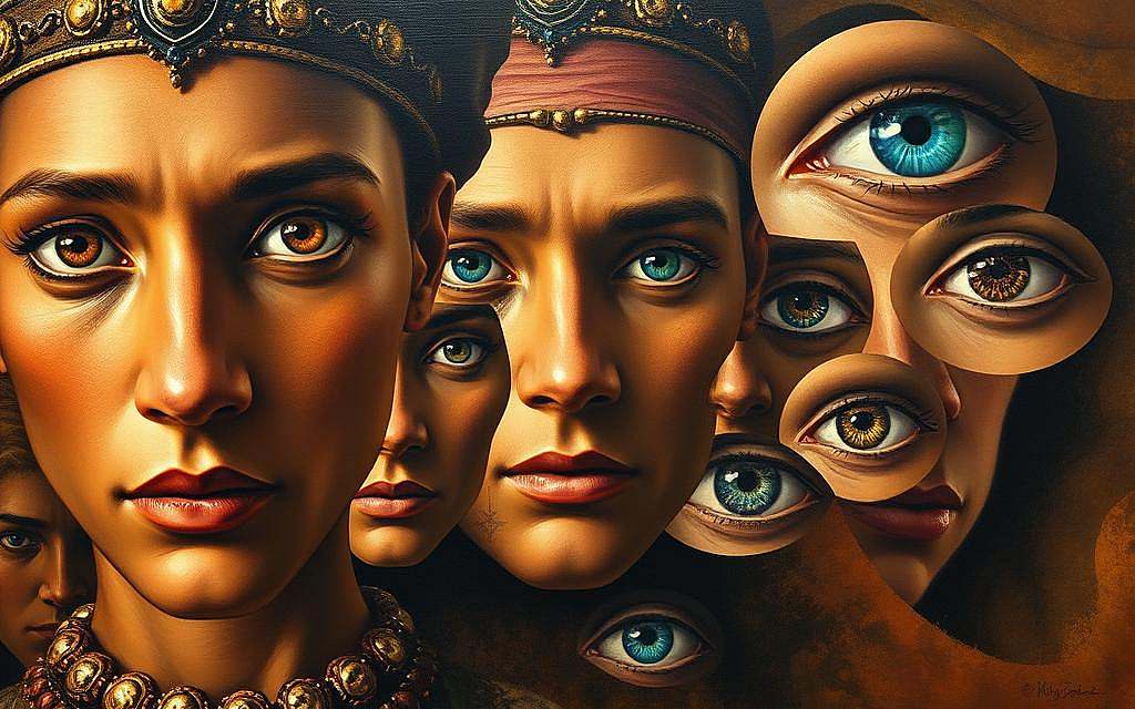 An oil painting depicting the diverse cultural expressions of eye color throughout history. In the foreground, a close-up portrait of a regal figure with striking amber eyes, gazing intently. The middle ground showcases a mosaic of faces with eyes in shades of blue, green, and brown, each infused with a unique personality. In the background, abstract interpretations of eyes in vibrant hues dance across the canvas, representing the artistic exploration of this captivating human feature. Warm, muted tones create an atmospheric, timeless feel, inviting the viewer to contemplate the profound significance of the eye as a window to the soul.