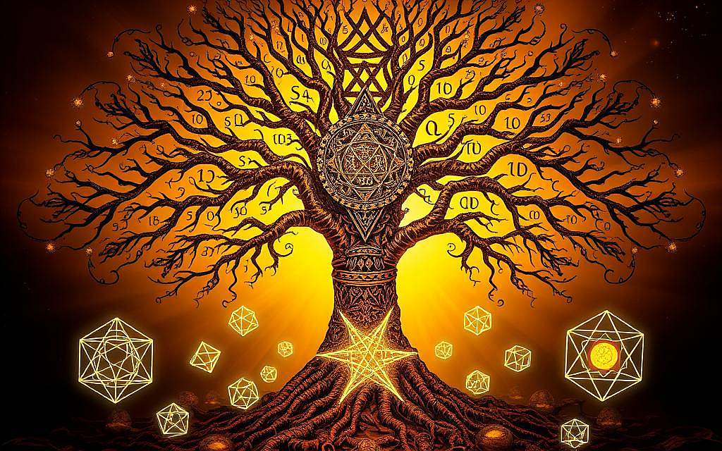 An ornate, mystical tree stands as the centerpiece, its branches spreading outward in a hypnotic, fractal pattern. The trunk is covered in intricate Kabbalistic symbols and glyphs, pulsing with an otherworldly energy. Amidst the tree's foliage, geometric shapes and platonic solids float, their angles and edges glowing with an internal luminescence. A warm, golden light bathes the scene, casting deep shadows and highlighting the depth and dimensionality of the forms. The overall atmosphere is one of ancient mysticism, sacred geometry, and the hidden language of the universe, inviting the viewer to ponder the profound mysteries of numbers, letters, and the very fabric of reality.