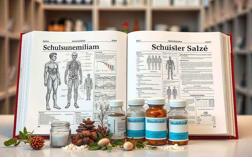 An overhead view of a clean, minimal workspace with two side-by-side medical reference books, one labeled "Schulmedizin" and the other "Schüßler Salze". The books have detailed anatomical illustrations, medical charts, and clinical data on their open pages. In the foreground, a selection of Schüßler salt mineral supplements in glass jars is displayed alongside some medicinal herbs. The background is a soft, blurred medical office or research lab interior, with subtle lighting highlighting the subjects. The scene conveys a sense of comparative analysis and study between traditional and alternative approaches to holistic health and wellness.