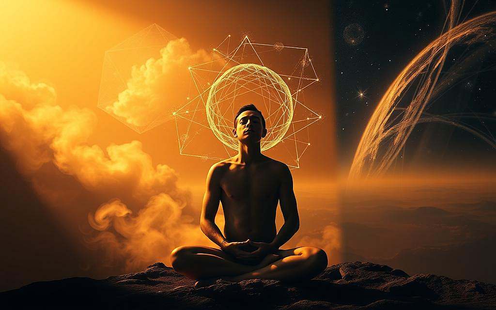 Bewusstsein, Denken, Sein: A triptych of the human experience. A serene yet profound scene, captured in warm, contemplative tones. In the foreground, a figure sits in deep meditation, their face serene and eyes closed, symbolizing the contemplation of existence. Swirling mists and ethereal energy fields surround them, hinting at the metaphysical nature of consciousness. In the middle ground, the figure's thoughts manifest as shimmering geometric shapes, representing the intricate workings of the mind. In the distant background, a vast cosmic landscape unfolds, suggesting the boundless nature of being. Dramatic chiaroscuro lighting casts dramatic shadows, evoking the weight and mystery of these profound concepts. An evocative, thought-provoking image that captures the essence of the human condition.