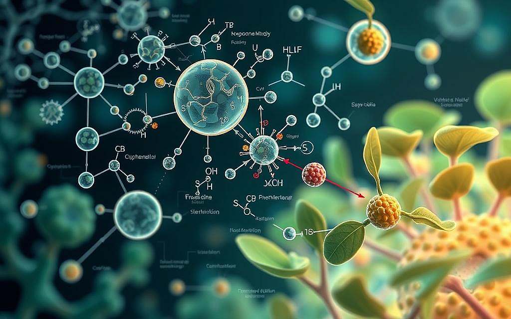 Biochemische Wirkungsmechanismen des Lebenselixirs528: A detailed scientific illustration depicting the intricate molecular processes and biological mechanisms underlying the restorative and rejuvenating properties of the Euphorbia plant's life-elixir 528. Showcase the complex interplay of phytochemicals, enzymes, and cellular pathways that contribute to the plant's remarkable healing abilities. Render the scene with a clean, technical aesthetic using a soft, muted color palette, precise linework, and subtle depth of field to emphasize the scientific subject matter. Illuminate the composition with cool, directional lighting to convey a sense of clinical examination and empirical investigation. Present the illustration from a slightly elevated perspective to provide an overview of the interconnected systems at work.