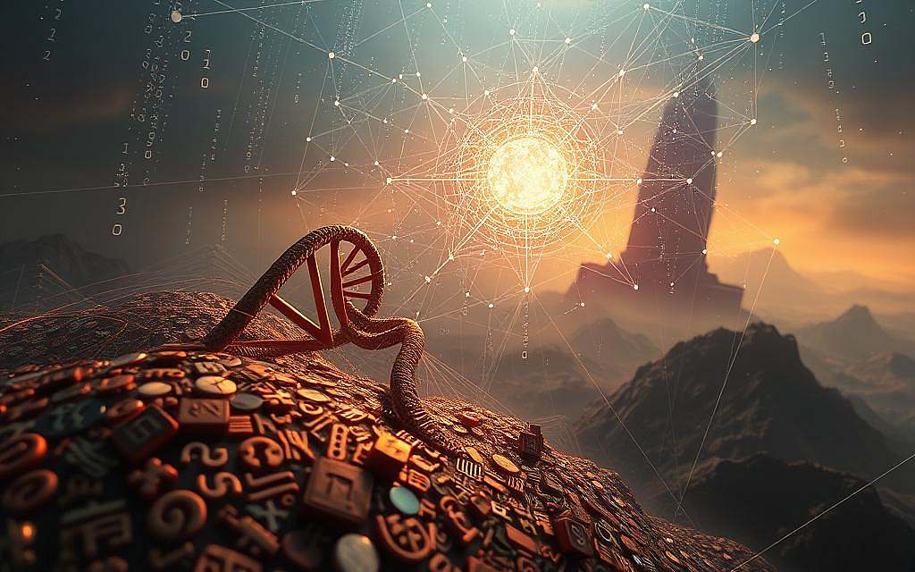 Culturally-infused digital matrix: A surreal landscape of intertwined cultural symbols, codes, and patterns emerging from a stylized DNA helix. In the foreground, a kaleidoscopic tapestry of hieroglyphics, runes, and ancient scripts weaves a tapestry of interconnected knowledge. The middle ground features a floating network of glowing data strands, representing the flow of information through cultural frameworks. In the background, a mysterious, otherworldly environment with subtly shifting hues and prismatic refractions, evoking the boundless potential of cultural interpretation. Dramatic lighting casts dramatic shadows, enhancing the sense of depth and mystique. Captured through a wide-angle lens to convey a sense of grandeur and interconnectedness.