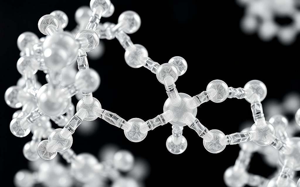 Detailed 3D molecular structure of beta-glucane, a key bioactive compound found in the Agaricus blazei Murill mushroom. Rendered in high-resolution with intricate crystalline patterns and translucent geometric forms. Illuminated by a soft, diffuse lighting scheme that highlights the complex architecture of the molecule. Captured from an orthographic camera angle to emphasize the symmetry and mathematical elegance of the beta-glucane structure. Conveys the sophisticated biochemical makeup of the Agaricus blazei Murill mushroom.