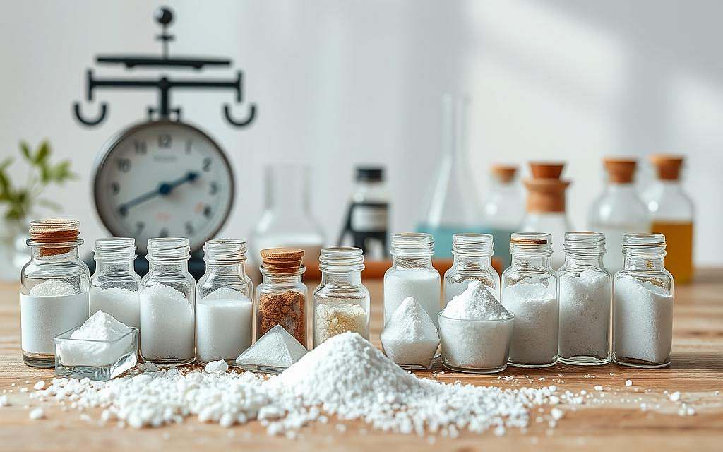 Detailed close-up image of a collection of Schüßler salts, the twelve essential mineral compounds used in biochemical therapy. Foreground shows an assortment of various salt crystals and powders in small glass bottles or jars, arranged neatly on a wooden surface. Midground depicts a scientific-looking scale, beakers, and other laboratory equipment to convey the medicinal nature of the salts. Background is a clean, minimalist setting with soft natural lighting, emphasizing the therapeutic and holistic properties of the Schüßler salts for regulating the body's metabolism and overall well-being.