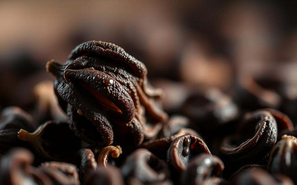 Detailed close-up of a single clove of dark-brown dried whole Nelken (cloves), showcasing the rich, complex aroma and warm spicy essence of this versatile culinary ingredient. Softly lit from the side, casting gentle shadows to accentuate the intricate texture and the glistening oil droplets on the surface. Slight depth of field blur in the background, creating a sense of depth and focus on the central clove. Evocative, moody atmosphere with a touch of natural elegance, highlighting the natural analgesic properties of Eugenol, the primary chemical compound found in Nelken.