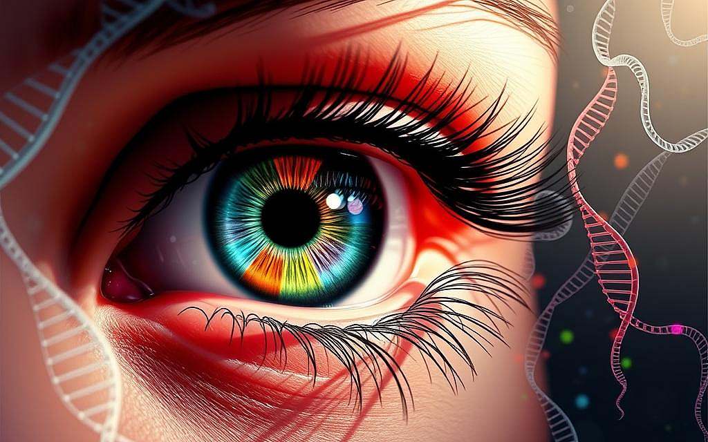 Detailed genetic illustration depicting the intricate connection between eye color, melanin production, and chromosomal inheritance. A vibrant, high-contrast composition featuring a close-up of an eye with diverse hues, surrounded by a scientific visualization of DNA strands, chromosomes, and color-coded pigmentation pathways. Soft, dramatic lighting casts intricate shadows, emphasizing the depth and complexity of the biological mechanisms at play. A clean, minimalist aesthetic with a sense of technical precision, inviting the viewer to delve into the fascinating world of biogenetics and epigenetics behind the variance of human eye color.