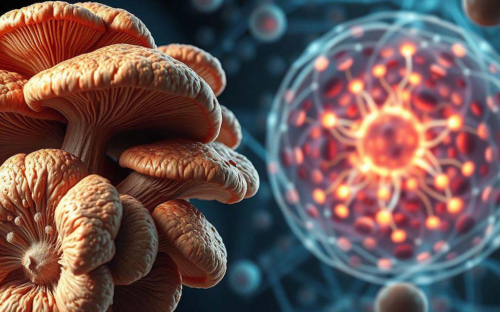 Detailed high-resolution illustration of the human immune system interacting with the Agaricus blazei mushroom. In the foreground, a cluster of Agaricus blazei mushrooms with intricate, realistic textures and subtle lighting. In the middle ground, a cross-section of the human immune system, featuring immune cells like lymphocytes, macrophages, and dendritic cells, all rendered with scientific accuracy. In the background, a microscopic view of the molecular mechanisms by which Agaricus blazei compounds modulate immune function, with glowing pathways and signaling cascades. The overall scene conveys a sense of scientific discovery and the powerful synergy between natural medicine and the human body's defenses.