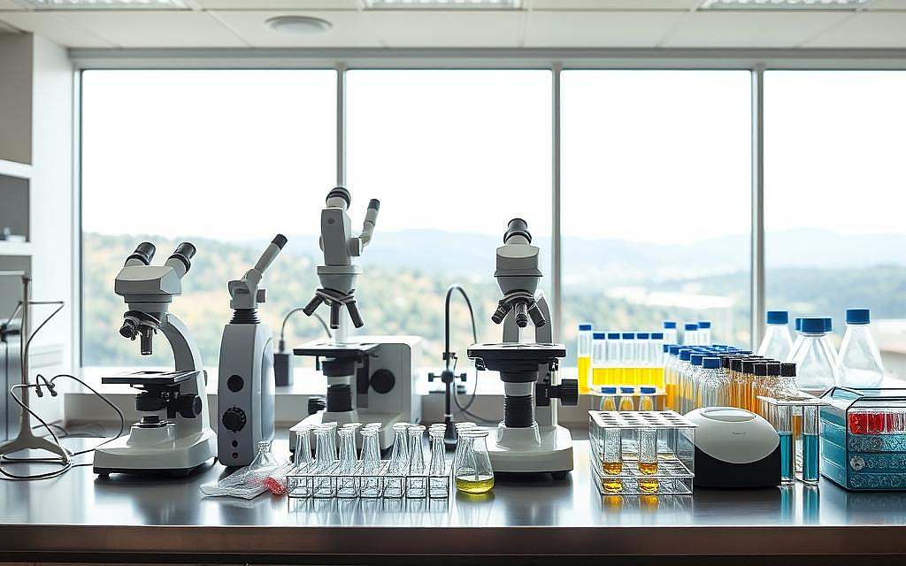Detailed laboratory equipment arranged in a well-lit, modern medical research setting. In the foreground, various diagnostic instruments such as microscopes, centrifuges, and pipettes sit on a sleek, stainless steel counter. The middle ground features rows of test tubes, beakers, and petri dishes, hinting at ongoing experiments and analyses. In the background, a large window overlooking a serene, natural landscape provides a sense of calm and balance. The lighting is bright yet diffused, creating a professional, clinical atmosphere conducive to rigorous scientific work. The overall composition conveys the precise, methodical nature of medical laboratory diagnostics.