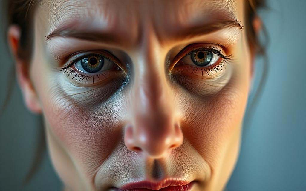 Detailed portrait of a human face in an up-close, high-resolution view, centered on the eyes and facial features. The skin has a soft, healthy glow and the expression is focused, with a slight squint. The background is blurred, creating a shallow depth of field that draws the viewer's attention to the face. Subtle lighting from the side casts gentle shadows, accentuating the facial structure. The overall mood is contemplative and serene, evoking a sense of introspection and self-examination. The image should convey the concept of "Antlitzdiagnostik" (face diagnosis) as a means of assessing the body's biochemical state using the face as a diagnostic tool.
