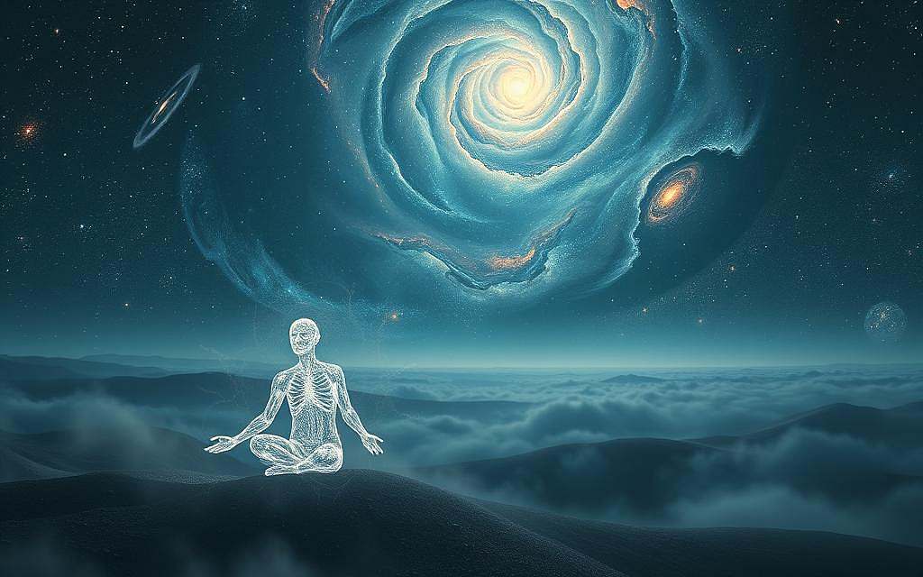 Ethereal landscape, an expansive starry night sky. Swirling galaxies, nebulae, and celestial bodies in a state of dynamic flux. In the foreground, a shimmering, translucent figure representing consciousness, its form constantly shifting and transforming, as if embodying the principles of entropy. The figure radiates an aura of introspection and contemplation, seemingly suspended between multiple planes of existence. Diffused lighting casts a serene, meditative atmosphere, evoking a sense of the liminal, the in-between, where the boundaries of self and the cosmos dissolve. An enigmatic, paradoxical scene that captures the interplay of the spiritual and the material, the ordered and the chaotic, the individual and the universal.