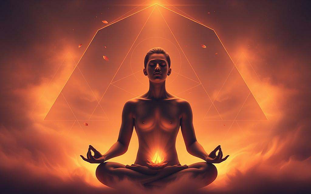 Ethereal landscape with a figure in deep meditation, surrounded by geometric shapes and soft, luminescent energy fields. Warm, ambient lighting casts a serene glow, as if illuminated from within. The figure's expression is one of profound focus, their aura radiating a sense of expanded consciousness. Subtle details like floating lotus petals and swirling mist enhance the meditative, transcendent atmosphere. The overall composition conveys a profound journey of self-discovery and heightened awareness through mindful practice.