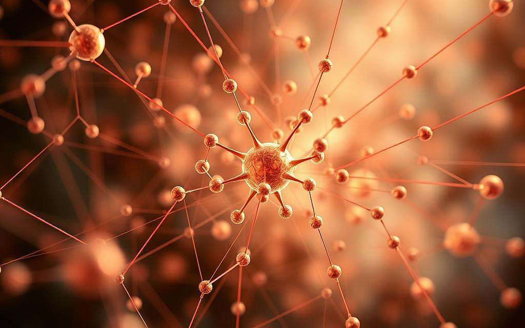 High-resolution, detailed, photorealistic illustration of molecular interactions and biochemical pathways involving the antioxidant compound resveratrol. Showcase a complex network of intersecting lines, orbs, and geometric shapes in a warm, soft color palette, representing the intricate web of signaling cascades and biochemical reactions. Depict the compound in the foreground with a glowing, translucent effect, surrounded by a middle ground of overlapping shapes and patterns, and a blurred, atmospheric background hinting at the broader context of the compound's biological functions and health implications. Use a shallow depth of field to focus attention on the central resveratrol molecule and its dynamic interactions. Convey a sense of scientific elegance, complexity, and the underlying beauty of molecular biology.