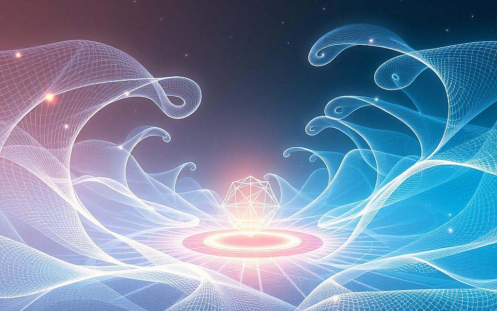 Integrated Information Theory: A Metaphysical Landscape A serene, ethereal landscape where information flows like shimmering waves, converging and diverging in a mesmerizing dance. At the center, a glowing, geometric structure - a visualization of Giulio Tononi's Integrated Information Theory, representing the fundamental nature of consciousness. Wisps of energy emanate from this core, intertwining with the environment, suggesting the deep interconnectedness of mind and matter. The scene is bathed in a soft, diffuse light, creating an atmosphere of contemplation and wonder. Intricate patterns and subtle gradients adorn the surroundings, hinting at the complex mathematical underpinnings of this theory. The overall composition invites the viewer to ponder the mysteries of the mind and the fabric of reality.