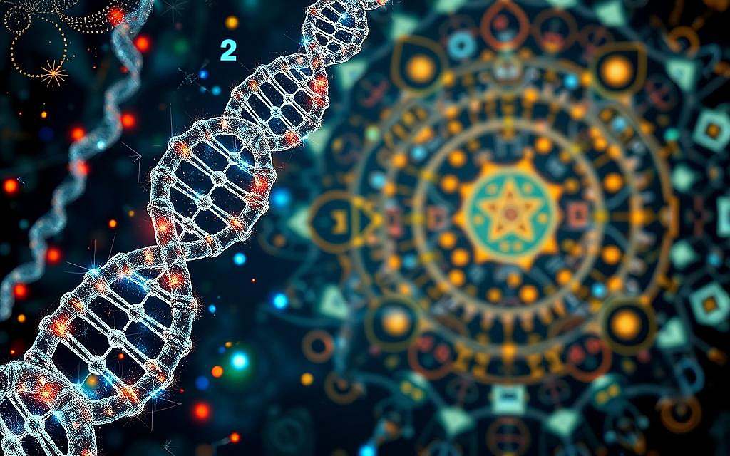 Intricate DNA strands intertwine with ancient Gematria symbols, forming a mesmerizing tapestry of information. In the foreground, a double-helix structure pulses with a vibrant, ethereal energy, hinting at the hidden patterns and codes embedded within our genetic blueprint. The middle ground features an array of Gematria numerals and glyphs, their geometric forms resonating with the underlying mathematical structures of language and communication. In the background, a kaleidoscopic array of abstract shapes and patterns suggests the deep interconnections between the digital and biological realms, a visual metaphor for the convergence of information technology and the fundamental building blocks of life.