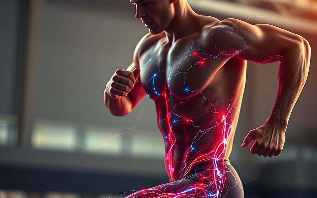 Intricate interplay of micro-currents within the human body, captured in a dynamic sports setting. A muscular athlete in motion, electrical impulses flickering across their physique like shimmering lightning. Vibrant hues of blues and reds trace the flow of bioenergetic currents, illuminating the inner workings that power peak physical performance. Blurred background emphasizes the subject, drawing the viewer's focus to the fascinating microcosm of biological electricity fueling elite athleticism. Soft lighting casts a warm, almost ethereal glow, evoking the notion of regenerative energy. Cinematic camera angle accentuates the power and grace of the human form as it harnesses the subtle, yet profound, force of microcurrent.
