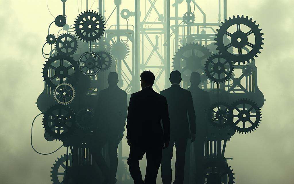Intricate psychological mechanisms of anticipation, with a sense of expectant tension. In the foreground, a maze-like structure of interconnected gears and cogs, their movements suggesting the complex interplay of cognition and emotion. The middle ground features shadowy human silhouettes, faces obscured, as they navigate this metaphorical landscape. The background is shrouded in a hazy, dreamlike atmosphere, evoking the subconscious processes that shape our perceptions and guide our steps. Soft, directional lighting casts dramatic shadows, heightening the sense of depth and mystery. A cinematic, thought-provoking composition that captures the essence of how our expectations and anticipations can shape the path we take.
