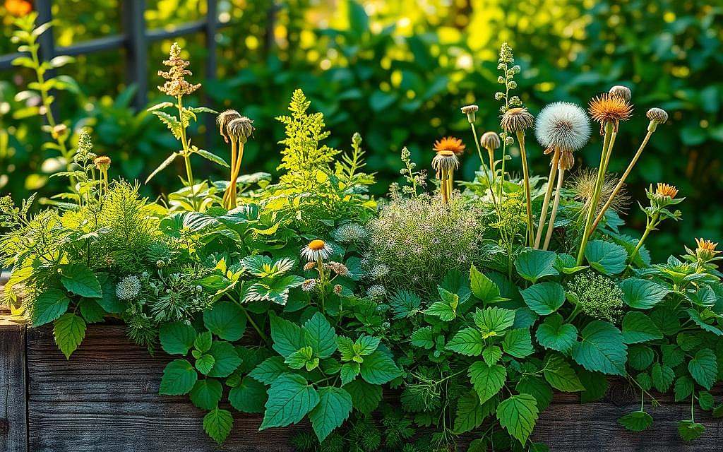 Lush, vibrant herbs growing in a rustic garden setting. In the foreground, a bountiful arrangement of iron-rich plants such as nettle, dandelion, and chickweed, their leaves and stems bursting with natural vitality. The middle ground features a weathered wooden planter overflowing with these medicinal herbs, their earthy tones complemented by the warm, golden lighting filtering through the scene. In the background, a backdrop of verdant foliage frames the healing herbs, evoking a sense of tranquility and restorative potential. The overall composition conveys the richness and abundance of nature's remedies, perfectly suited to illustrate the "Alternative Heilmethoden bei Eisenmangel" section.