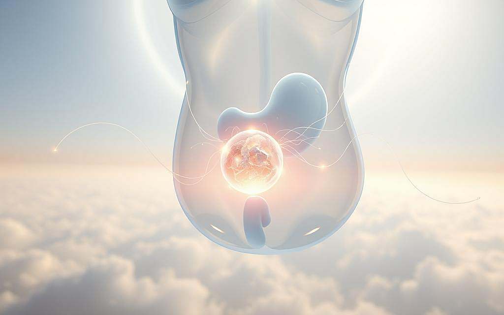 Magen Transformation: A serene, ethereal scene depicting the stomach as a sacred vessel of metamorphosis. The translucent form of a human abdomen hovers in a vast, luminous expanse, surrounded by a halo of soft, radiant light. Within, a glowing, crystalline orb pulsates, symbolizing the transformative power of the stomach - the wellspring of our spiritual and emotional alchemy. Wispy, diaphanous tendrils emanate from the center, weaving a tapestry of energetic connectivity. The perspective is angled to evoke a sense of wonder and introspection, inviting the viewer to gaze inward and honor the stomach's role as a portal to our inner world.