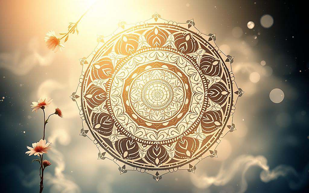 Mandalas float in a luminous, ethereal realm, their intricate geometric patterns pulsing with transcendent energy. Concentric circles, swirling spirals, and sacred symbols converge, creating a portal to the subconscious. Soft, diffused lighting bathes the scene, casting a serene, meditative ambiance. The mandala's symmetry and balance reflect the harmony of the mind, mirroring the viewer's own consciousness. Delicate floral elements and wispy, cloud-like forms add to the sense of spiritual connection, inviting the observer to gaze inward and unlock the wisdom within. A sense of timelessness and higher awareness permeates the composition, offering a glimpse into the profound link between mandalas and the depths of the human psyche.