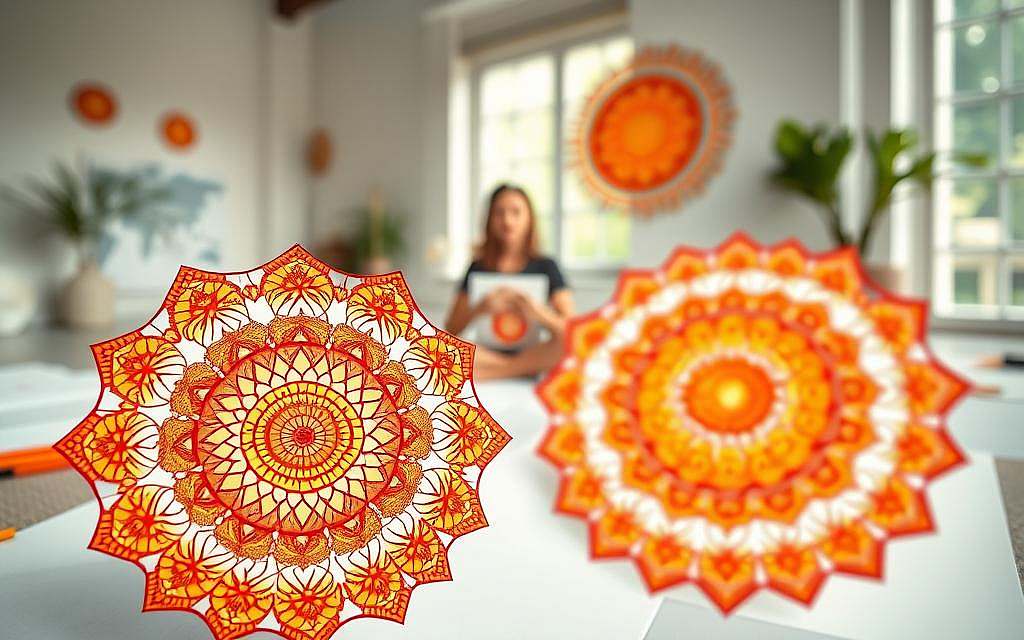 Mandalas in a serene art therapy session, vibrant circles and geometric patterns radiating with warm, soothing colors. The foreground features a delicate, hand-drawn mandala in rich hues of orange, red, and gold, its intricate design evoking a sense of balance and wholeness. In the middle ground, a person sits cross-legged, carefully coloring another mandala with concentrated focus, their face reflecting a state of deep meditation. The background reveals a calming, minimalist studio space, with soft natural light filtering through large windows, creating a tranquil, contemplative atmosphere. The overall scene conveys the healing power of mandalas, their sacred geometry serving as a mirror for the soul and a pathway to inner harmony.