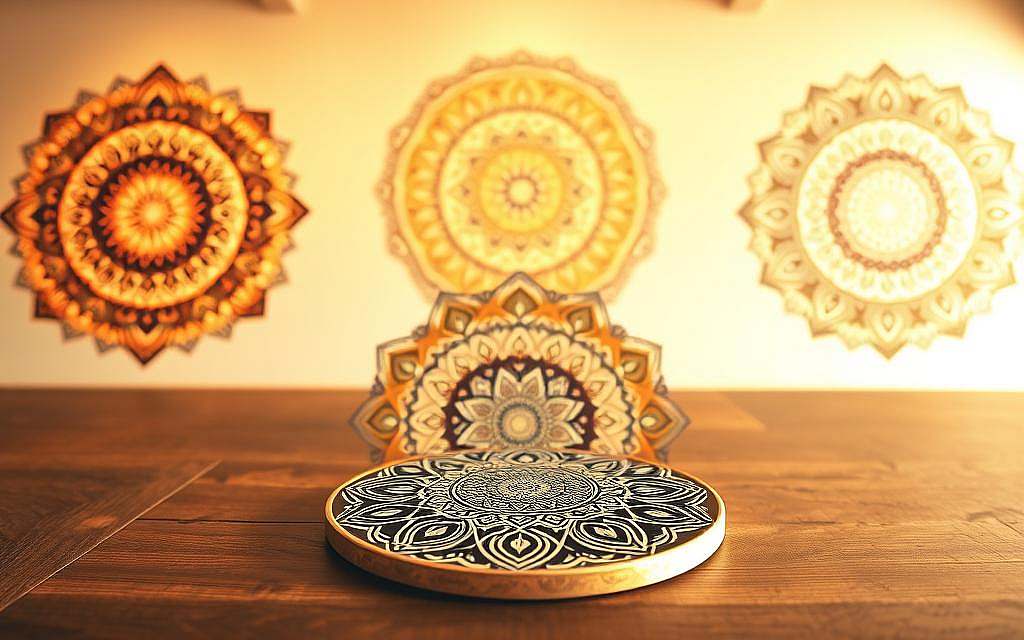 Mandalas in a serene spiritual setting, their intricate geometric patterns radiating a sense of divine connection. Warm, soft lighting illuminates the mandala's concentric circles, creating an atmosphere of introspection and inner harmony. In the foreground, a single mandala sits on a simple wooden surface, inviting the viewer to gaze upon its mesmerizing symmetry. The background is a peaceful, minimalist space, allowing the mandala to be the focal point, a mirror reflecting the viewer's own soul. Captured with a wide-angle lens, the image conveys the mandala's power to transport the observer into a realm of spiritual contemplation and self-discovery.